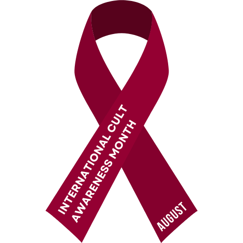 Maroon awareness ribbon that says International Cult Awareness Month on one side an August on the right side.